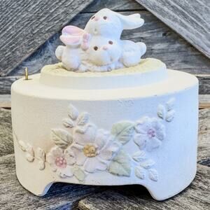 1970, Ceramic Cream Bisque Easter Bunny Music Figurine-Plays “Peter Cotton Tail”